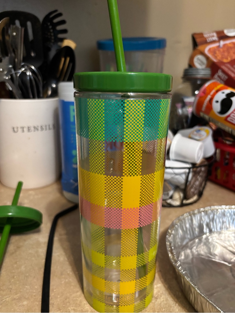 kate spade Green Yellow Pink Checkered Reusable Tumbler with Straw